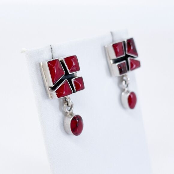 Vintage Sterling Silver 925 Red Jasper Dangle Statement Earrings - Picture 3 of 7